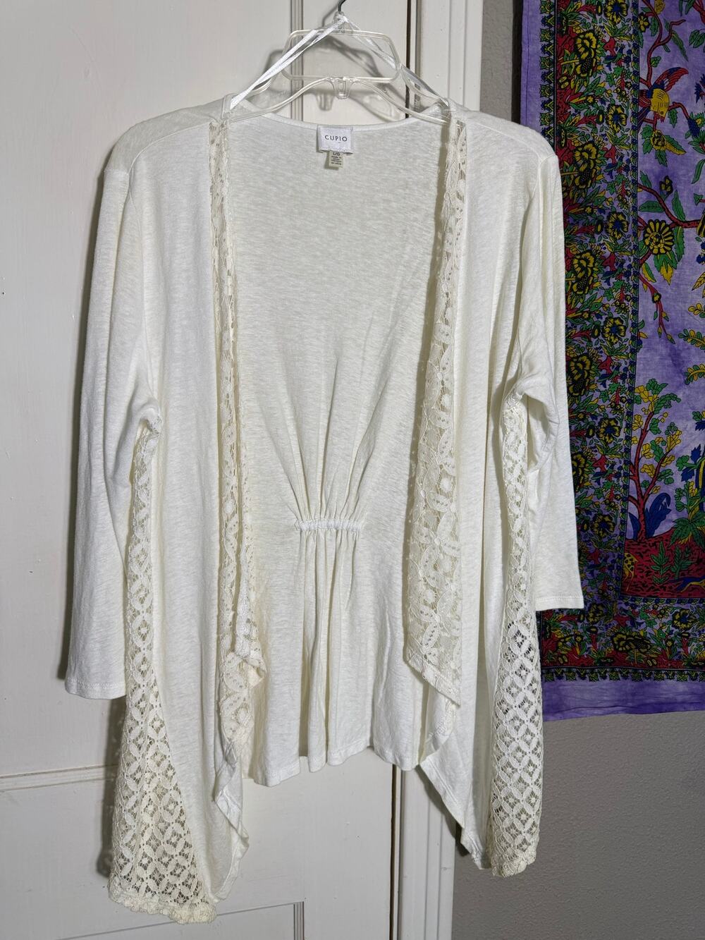 Cupio White Open Front Lace Cardigan Women’s Large Sharkbite Hem Boho Duster